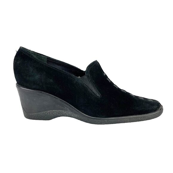 Vintage Aquatalia Marvin K Wedge Black Suede Slip On Shoes Whipstitch Accent s8 - Picture 5 of 9